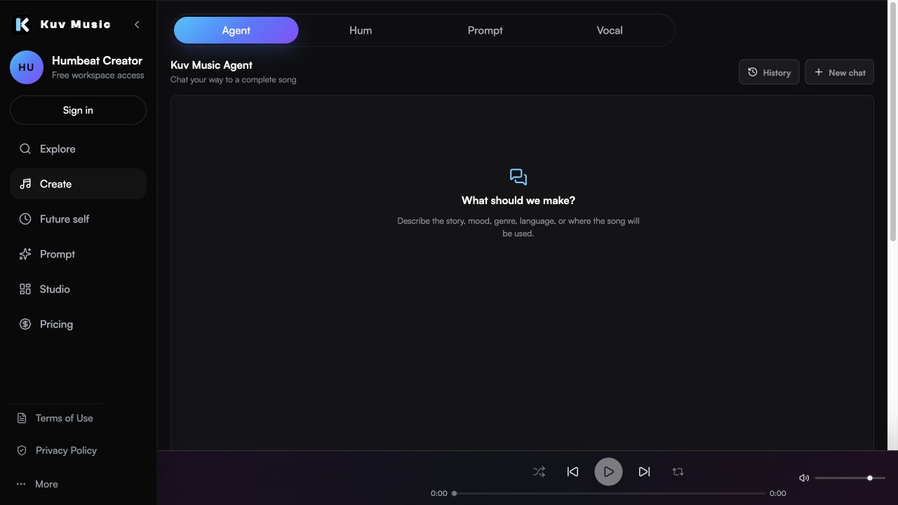 Screenshot of Kuv Music Agent in the Create workspace showing the song conversation, Agent controls, and message composer.